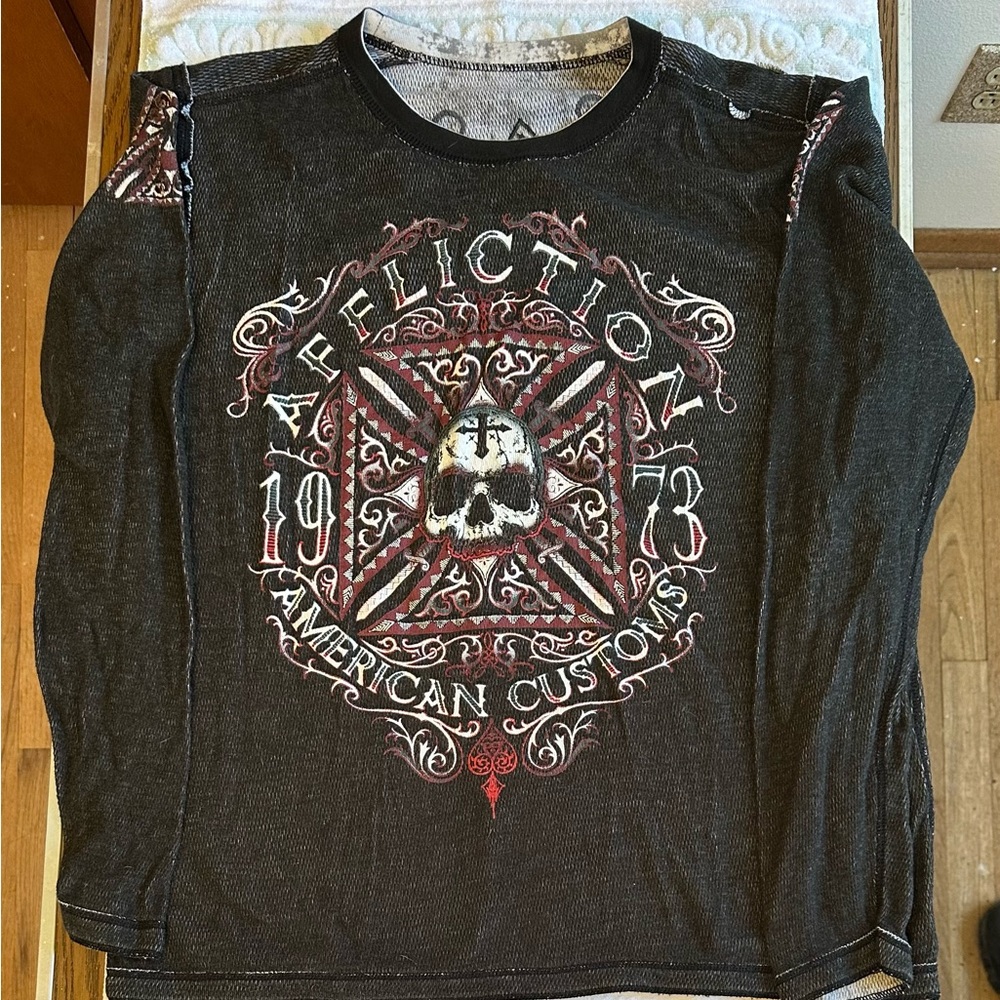 Affliction Black and Red Graphic Long Sleeve Shirt